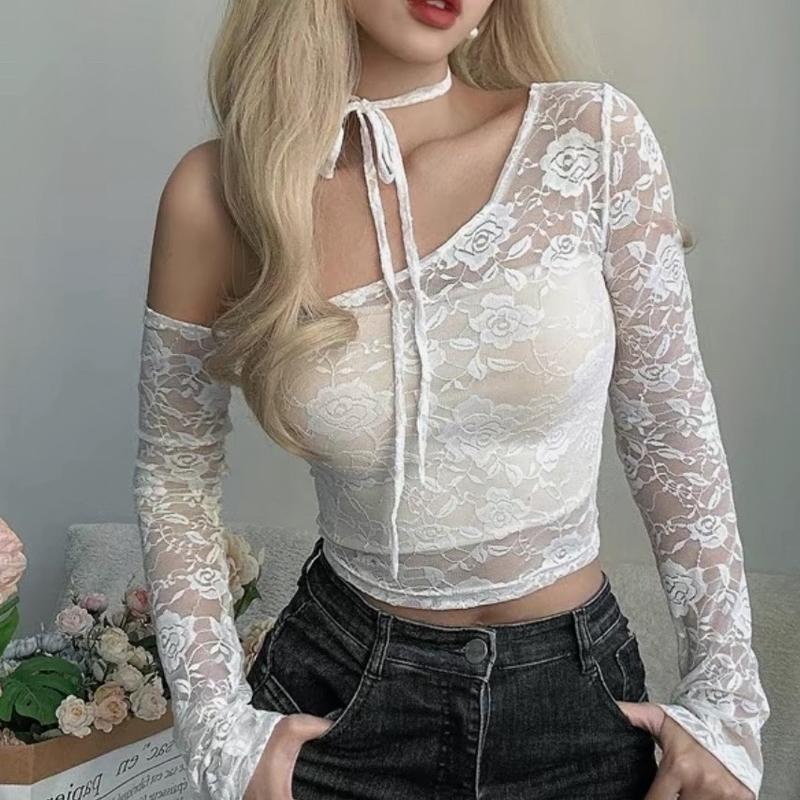 Áo lưới hoạ tiết hoa hồng lệch vai nữ Top  Kem Women Tre trễ CHẤT LIỆU REN QUẢNG CHÂU