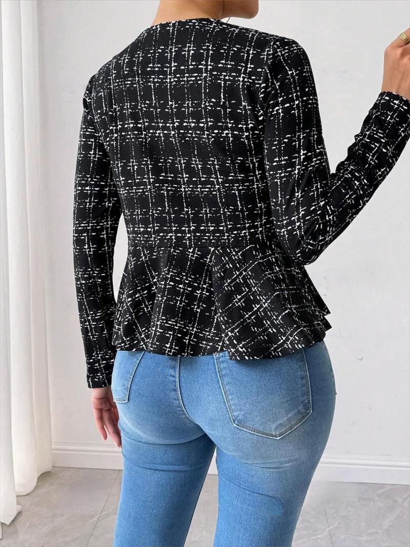 Product Introduction of Women's Plaid Print Ruffle Hem Coat, Casual Long Sleeve Open Front Outerwear for Spring & Fall, Ladies Clothes for Daily Wear 2