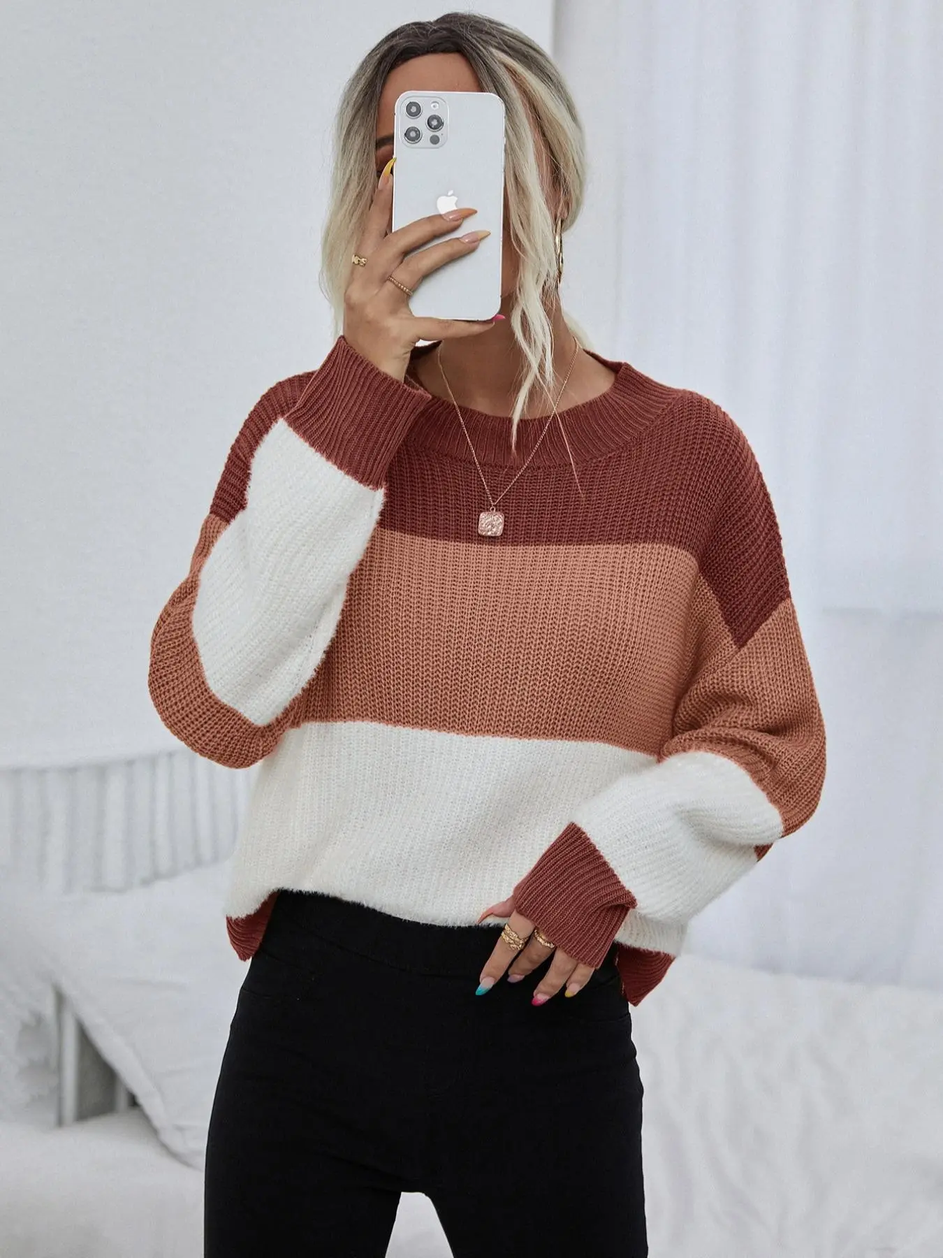 Women's Colorblock Round Neck Jumper without Necklace, Crewneck Long Sleeve Sweater, Lady  Minimalist Basic Fitted Knitting Tops, Fall & Winter Knitwear