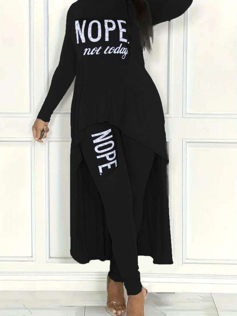 Product Introduction of Women's Letter Print High Low Hem Tee & Pants Two-piece Set, Casual Round Neck Long Sleeve Top & Trousers Two-Piece Set for Spring & Fall, Women's Clothes for Daily Wear 1