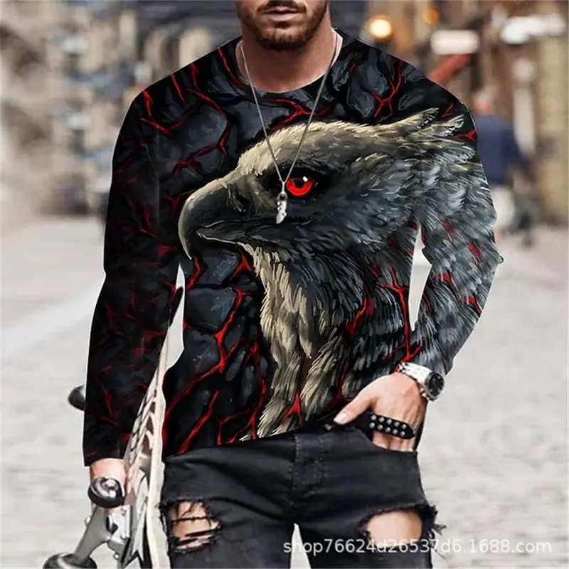 2025 New Autumn Men's T-Shirt Animal 3D Print Cool Eagle O-Neck Long Sleeve Fashion Men's Shirt Casual Street Oversized T-Shirt