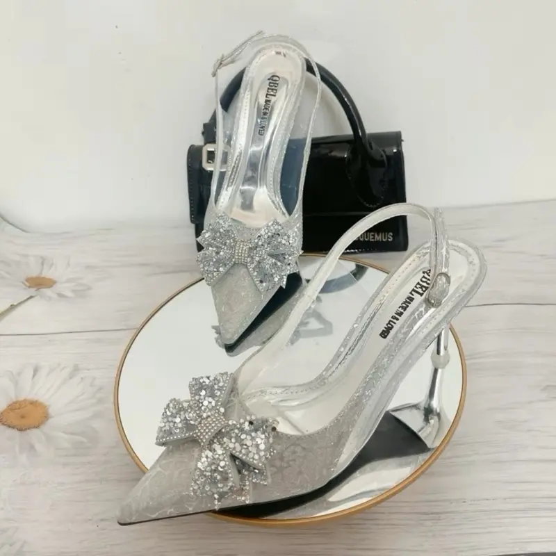 Giày cao gót chất kim tuyến vân 2 màu phối nơ Cánh Tiên blink blink  sang trọng lịch lãm đi chơi đi tiệc Form chuẩn gót 5p 7p 9p ( TC 31 ) Shoes Xinh