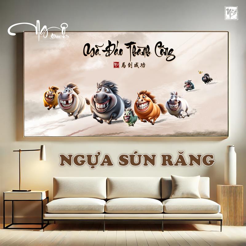 Tranh vô tri MÃ ĐÁO THÀNH CÔNG - MÃI DÉLL THÀNH CÔNG ngựa chế hài hước, Treo tường, Tranh gỗ tráng gương bo viền, Tặng phụ kiện, Nhiều kích thước - MẪU SỐ 4