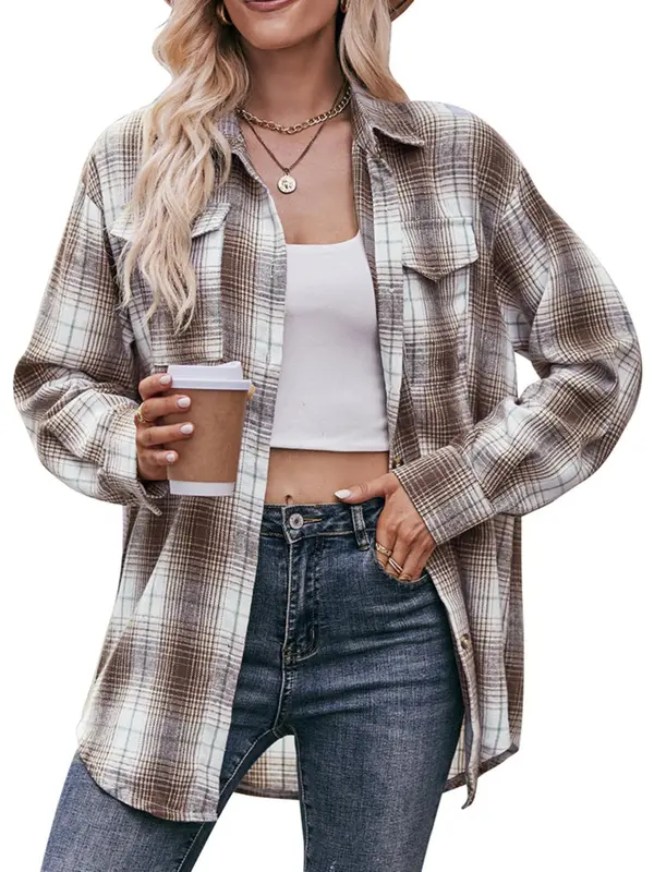 Women's Tartan Print Button Front Pocket Shirt, Casual Drop Shoulder Long Sleeve Top for Fall & Winter, Women's Clothes for Daily Wear 0
