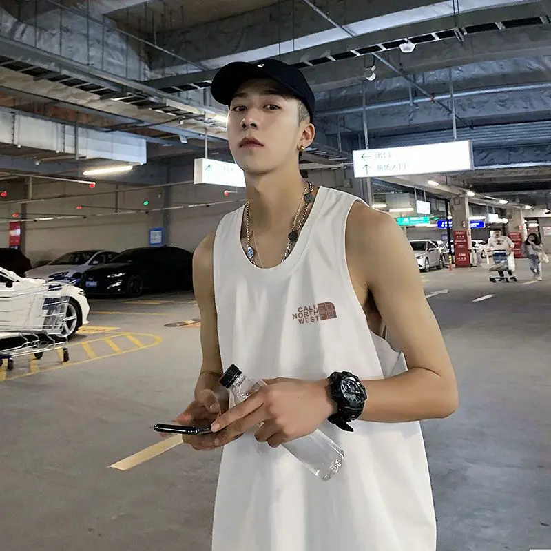 Cotton Casual round Neck Vest Men's Retro Fashion Brand Basketball Sports Waistcoat Sleeveless T-shirt Ins Top Clothes