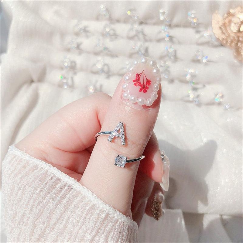 Nhẫn 26 Chữ Cái, Nhẫn Có Thể Điều Chỉnh Nhẫn Mở, Nhẫn Ngón Tay, Đính Đá Women 8