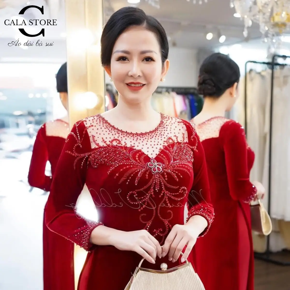 Áo dài bà xui thiết kế đính đá thủ công cho mẹ đi tiệc cưới chất liệu nhung co giãn màu đỏ  Nữ Dress Women