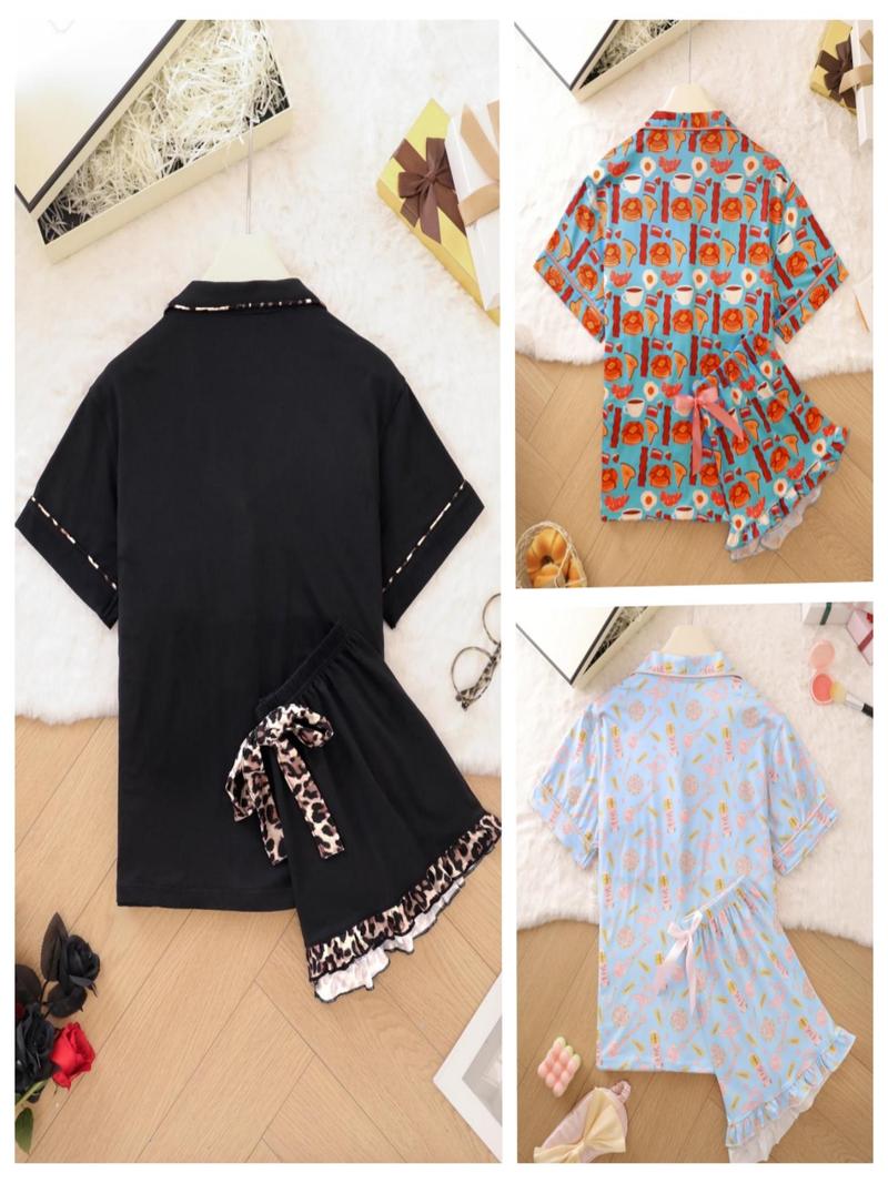 Product Introduction of Women's Leopard & All Over Print Button Pajama Set, Casual Comfy Short Sleeve Top & Shorts Pj Set, Ladies Summer Sleepwear 7