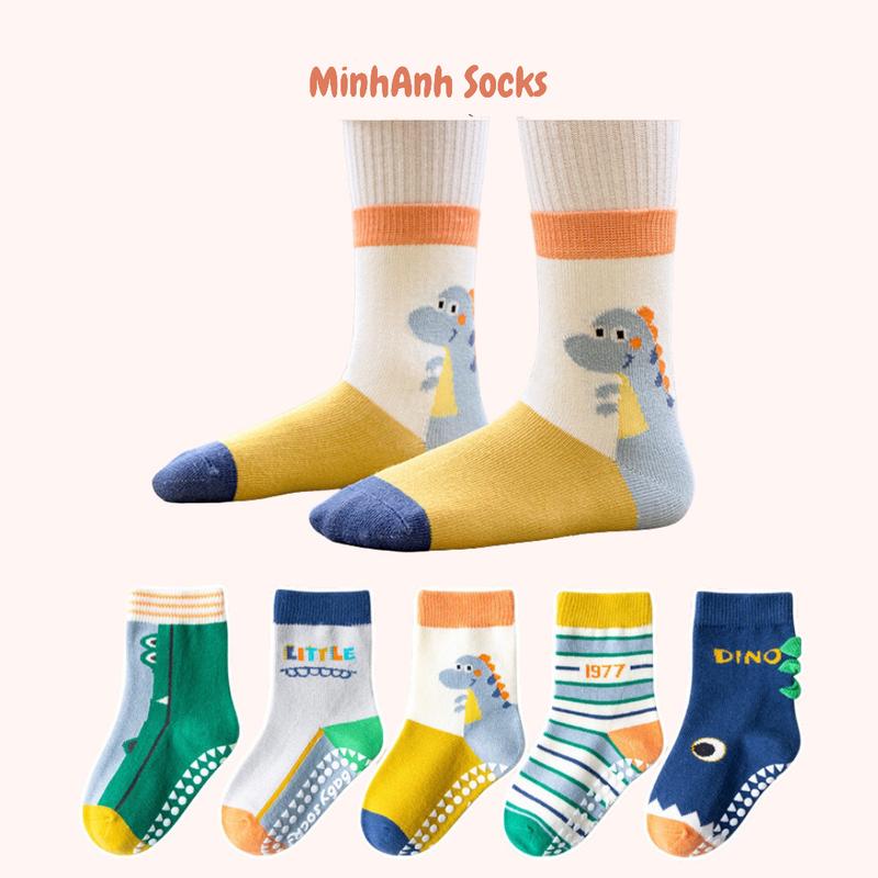 (Set 5 Đôi) Tất chống trơn trượt cao cấp cho bé trai bé gái. Tất cổ cao trẻ em hãng Minlliu Siêu Nhân, Khủng Long 1-8 Tuổi 6