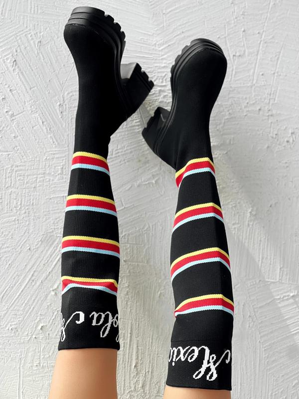 Women's Fashion Striped Print Over-the-knee Boots, Punk Style High Heel Boots for Fall & Winter, Trendy Letter Print Chunky Heel Boots 7