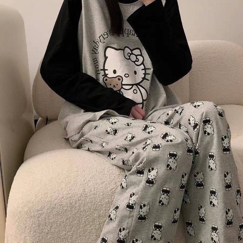 Bộ Đồ Ngủ Mèo Con, Hàng Mới Về Mùa Xuân Và Mùa Thu, Trang Phục Thường Ngày Cho Nữ, Cổ Tròn, Quần Dài Tay Ngọt Ngào Bộ Đồ Mặc Nhà, Có Thể Đi Chơi 7