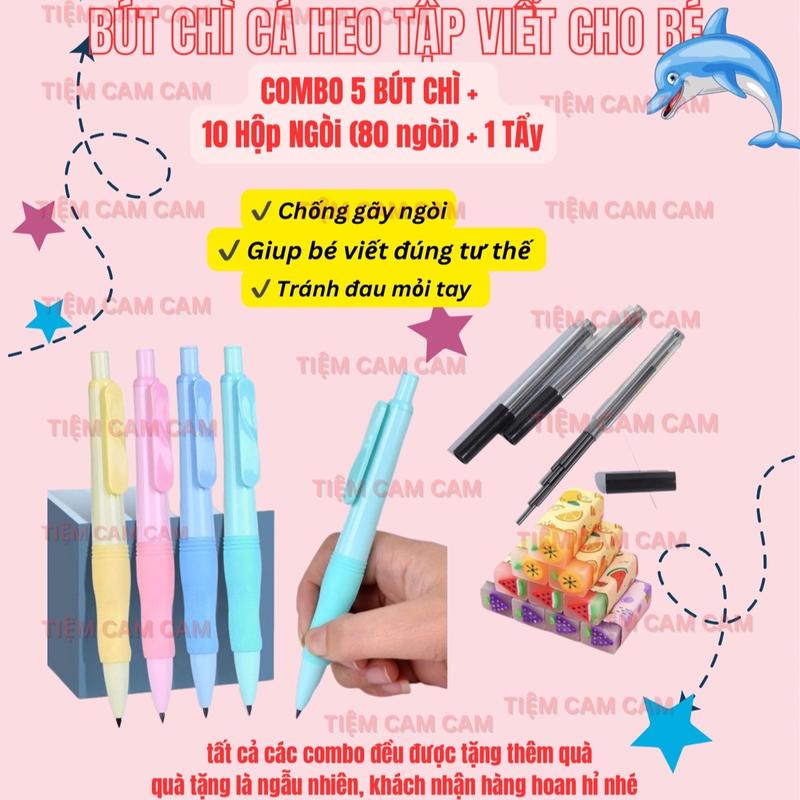Combo 5 bút chì cá heo cho bé tập viết,kèm 10 hộp ngòi và 1 cục tẩy/ combo học tập cho bé:| Tiệm Cam Cam bấm but tieu
