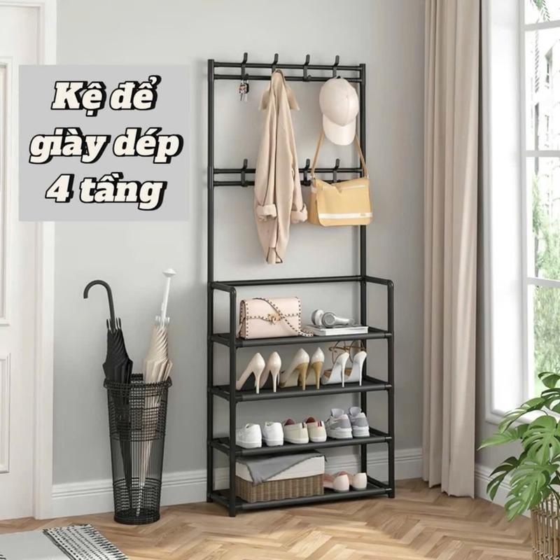Giá Kệ để giày dép chữ L đa năng 4 tầng thông minh có 8 móc treo quần áo tiện ích