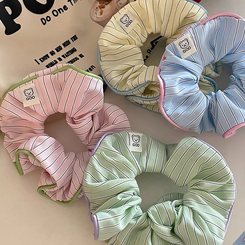 Scrunchie, Warna Krim Manis, Rekaan Berjalur Korea, dengan Ketinggian Beruang, Tali Rambut Ekor Kuda, Ikat Kepala Sanggul Gadis Mori