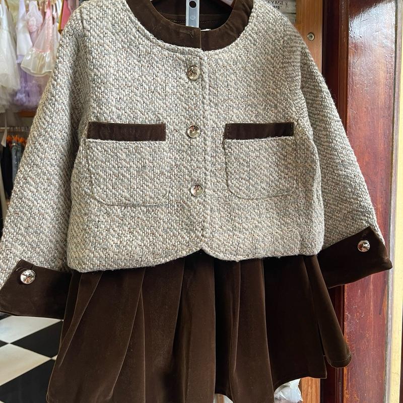 Set váy áo khoác dạ tweed cv kaki nhung hàng QC