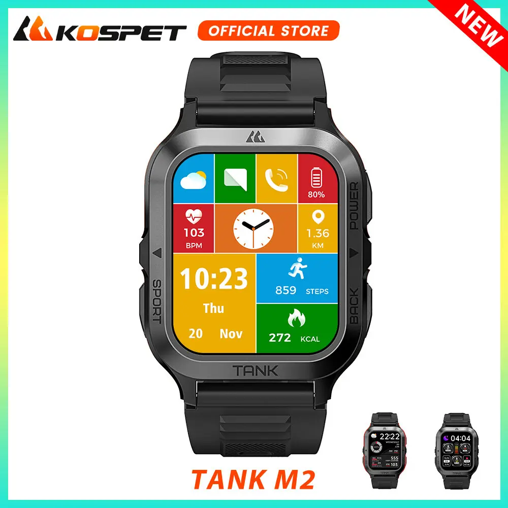 2025,KOSPET TANK M2 สมาร์ทวอทช์ กันน้ำ 100M ดั้งเดิม อายุการใช้งานแบตเตอรี่ยาวนาน 60 วัน การโทรด้วยบลูทูธ นาฬิกาอัจฉริยะพิเศษ เหมาะสำหรับผู้ชายและผู้หญิงในสมรส นาฬิกากีฬาฟิตเนส นาฬิกาตรวจสอบความดันโลหิต มี 70 โหมดกีฬา AI ผู้ช่วยเสียง