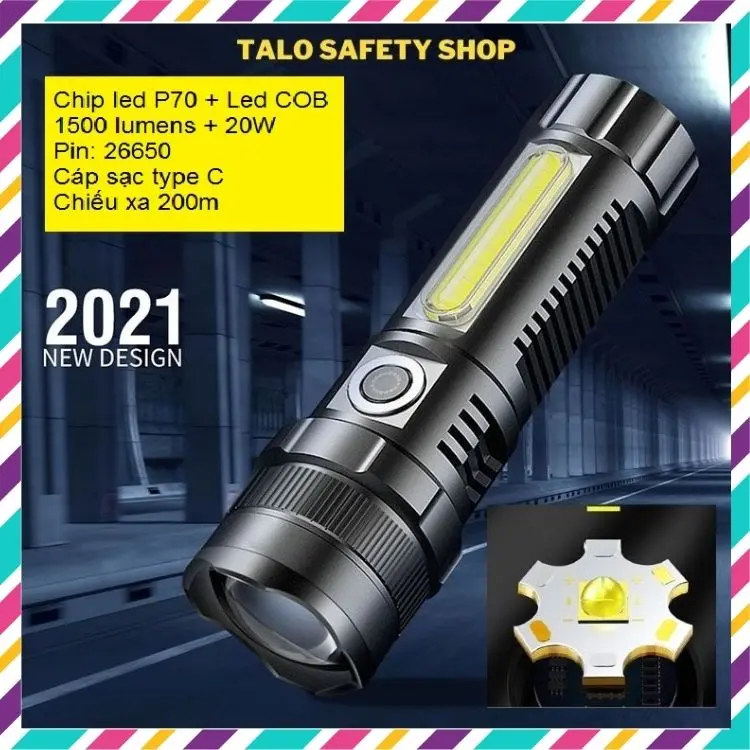Đèn pin siêu sáng cầm tay chip led XHP70 mã 01 pin 26650 sạc typeC
