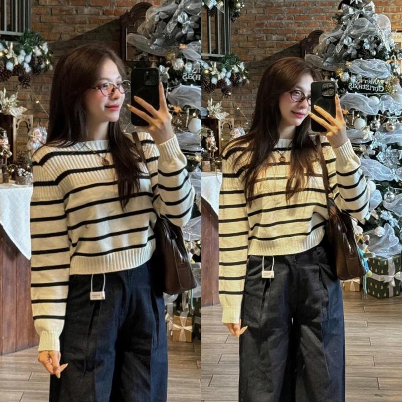 Áo len croptop kẻ ngang trắng kem len QC mềm mại