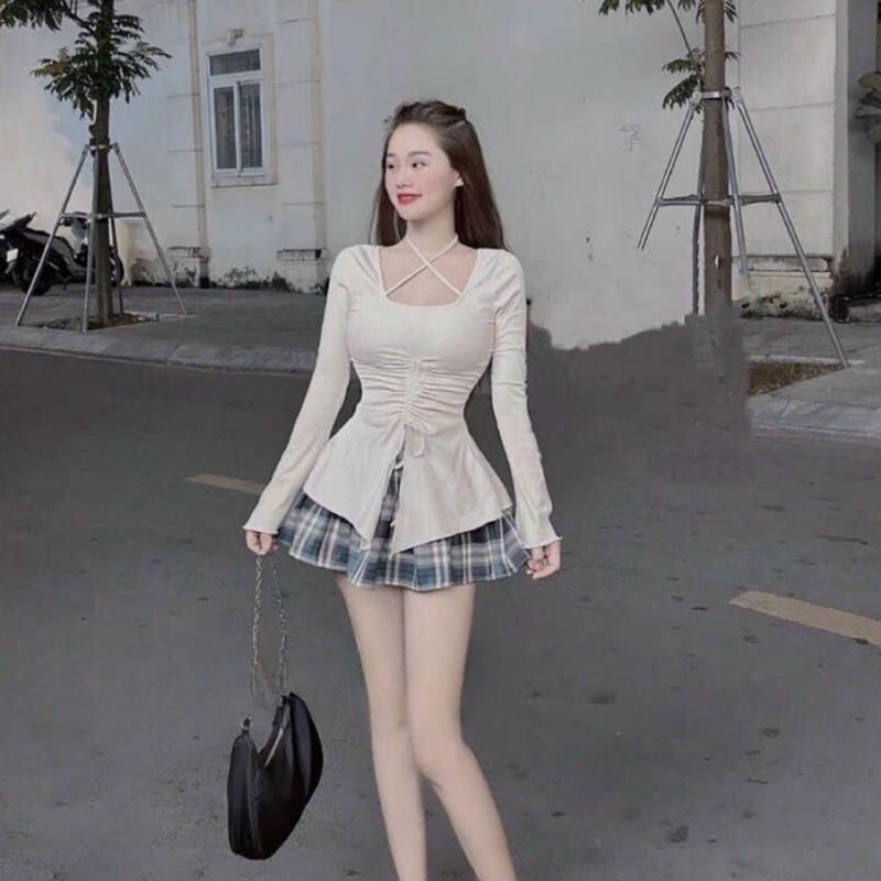 Set Áo Thun Kiểu Nữ Xòe Dây Rút Trước Tay Dài Dây Chéo Cô Siêu Đẹp Và Chân Váy Caro Beveda Top Voi Women