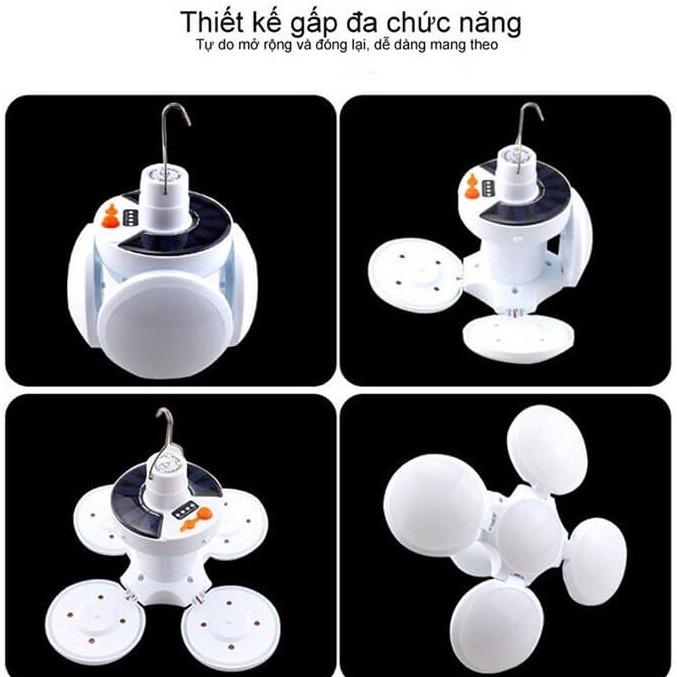 Đèn Led Năng Lượng Mặt Trời 4 Cánh 5 Bóng 40W, Bóng Đèn Siêu Sáng Tích Điện Ngoài Trời 5 Chế Độ