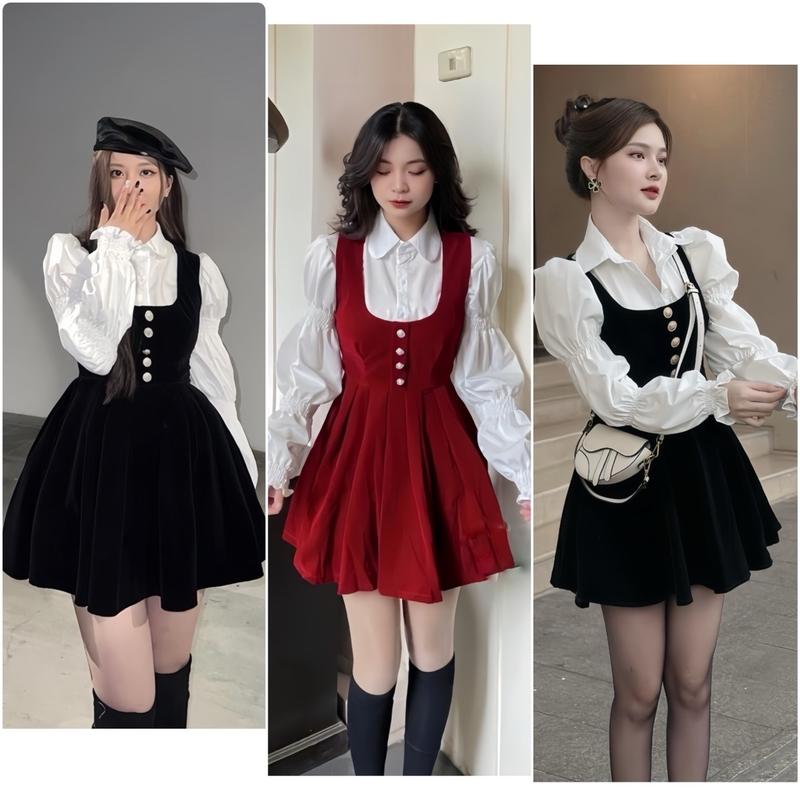 Sét Váy Yếm Nữ Gồm Áo Sơ Mi Chun Tay + Yếm Nhung Cúc Vàng (Z1) Tay dài