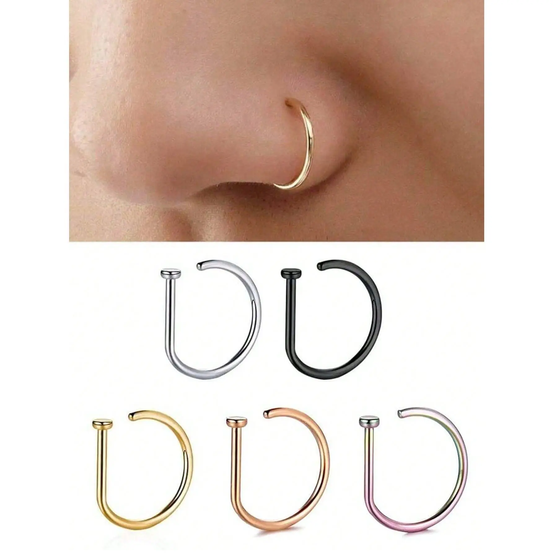 1/3/5Pcs Fake Piering Nose Ring Men Women Fashion 14K Golden D-Shape Punk Non Piercing Nose Clip Stainless Steel Perforation Septum Suitable For Teenagers Body Jewelry