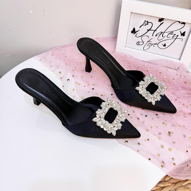 Guốc sục lụa cao gót 7p HALEY STORE mũi nhọn đính đá xoàn lấp lánh tiểu thư đi tiệc đi chơi đi học đi làm 3