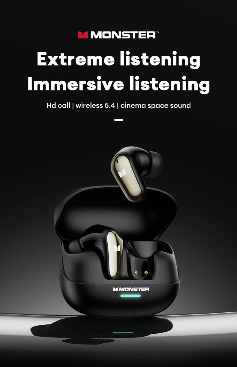 （Best Price）Monster MQT52 TWS Wireless Bluetooth 5.4 Earphones with Surround Sound, Dolby Audio, Low Latency, Noise Reduction, 24H Battery Life, Immersive Audio Headset, Microphone Amplifier