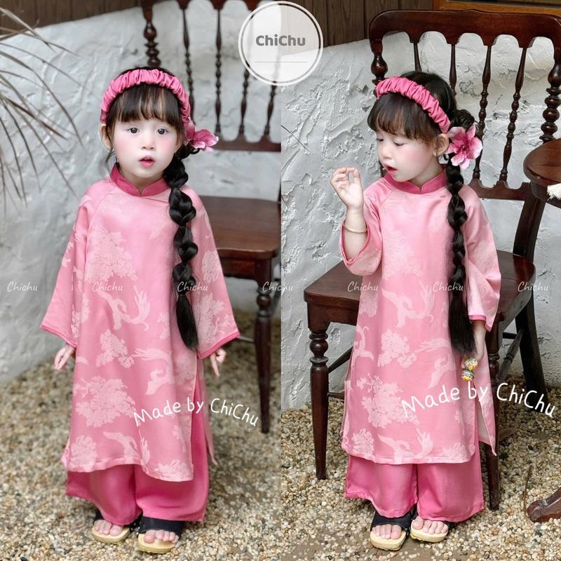 Áo Dài Bé Gái CHICHU Gấm Hồng Phượng Hoàng Cổ Tầu Cách Tân TẶNG CÀI TÓC Theo Set áo dài  bé gái 0