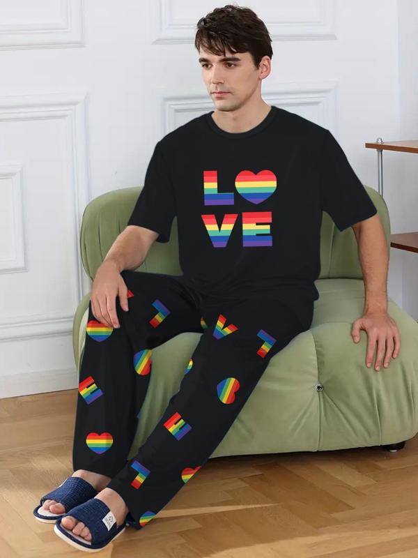LGBTQ+ Men's 2pcs Heart Print Tee & Letter Print PJ Pants Loungewear Set, Summer Clothes, Round Neck Short Sleeve T-Shirt & Trousers PJ Set, Menswear, Men's Sleepwear Homewear For Summer 6
