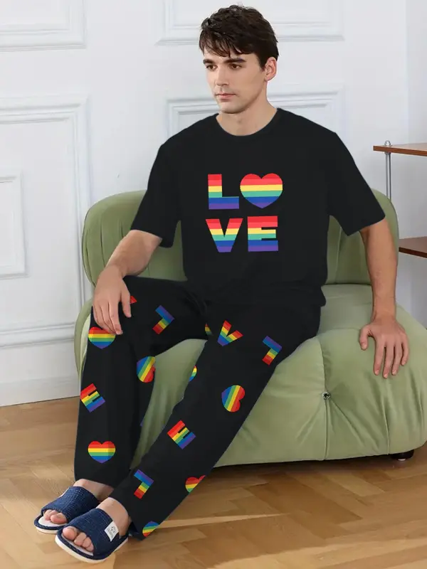 LGBTQ+ Men's 2pcs Heart Print Tee & Letter Print PJ Pants Loungewear Set, Summer Clothes, Round Neck Short Sleeve T-Shirt & Trousers PJ Set, Menswear, Men's Sleepwear Homewear For Summer 6