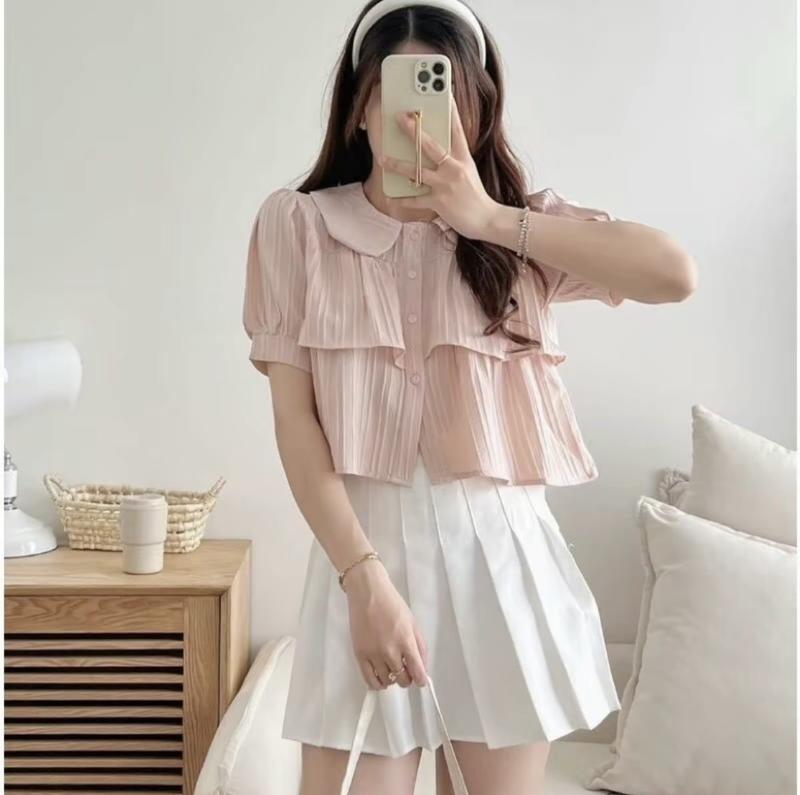Áo babydoll dáng croptop cổ sen tầng bèo tay ngắn Nữ Nhung Women Shirt