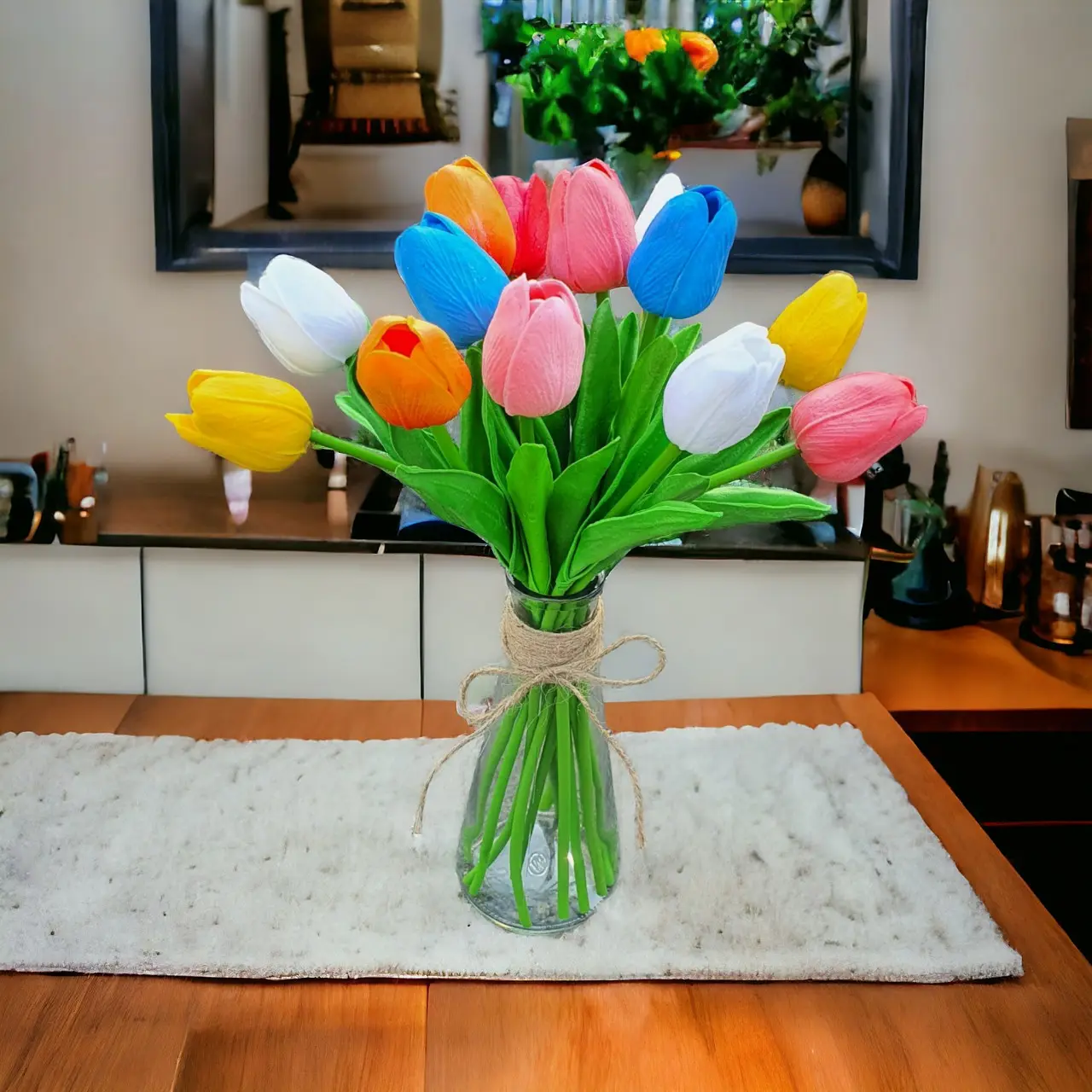12  Hoa Tulip + 1 bình thuỷ tinh  Trang Trí Nhà Decor Decor Phòng Decor Bàn