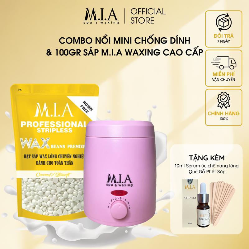 Combo Nồi Nấu Sáp Chống Dính Mini và túi 100gr sáp wax lông MIA WAXING tặng 10ml serum hỗ trợ giảm lông