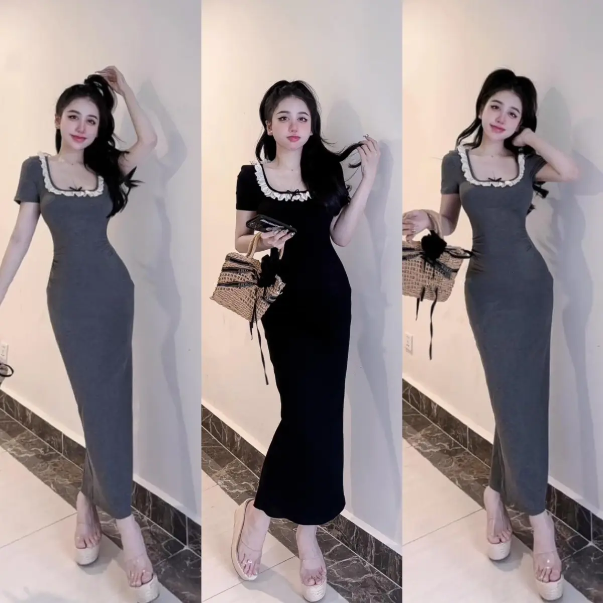 Đầm cổ vuông nhún eo phối ren đính nơ