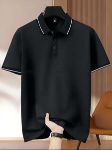 Men's Solid Color Contrast Trim Button Front Half Placket Polo Shirt, Regular Fit Casual Comfy Breathable Quick Drying  Short Sleeve Collared Top for Summer, Fashion Men's Clothes for Daily Wear