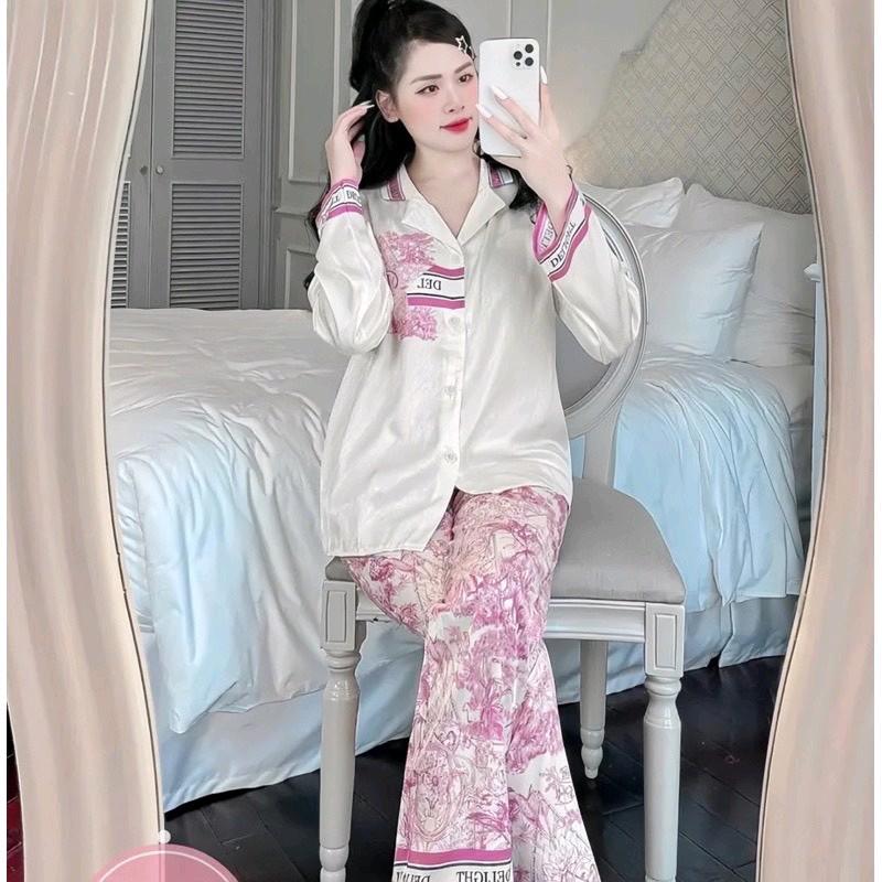 Pijama lụa tơ xước ánh kim cao cấp tay dài màu hồng kẹo ngọt chữ del - Pizama lụa tay dài Kim Tuyến 7