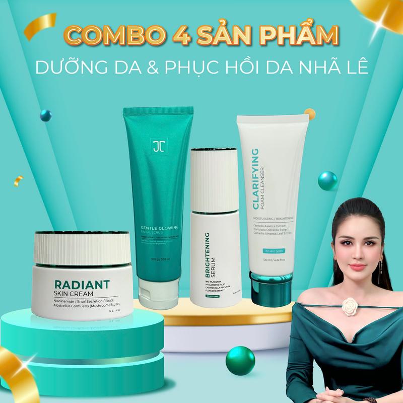 CB1 - Combo 4 sản phẩm Dưỡng da & Phục hồi da Nhã Lê - Bộ sản phẩm gồm: Sữa rửa mặt Clarifying Foam Cleanser & Tẩy tế bào chết da mặt Gentle Glowing Facial Scrue & Hũ kem hỗ trợ sáng da Radiant Skin Cream & Serum hỗ trợ sáng da Brightening Serum