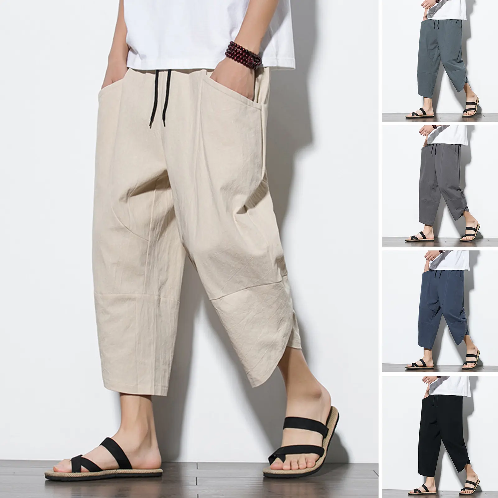 Men Cropped Pants Drawstring Straight Leg Pocket Solid Color Elastic Waist School Ethnic Style Plus Size Mid Waist Men Summer Pants Male Clothes