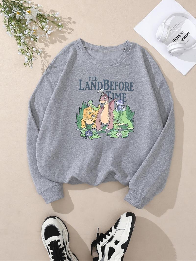 Product Introduction of Women's Cartoon Dinosaur Print Round Neck Sweatshirt, Fashion Casual Crew Neck Long Sleeve Pullover for Daily Wear, Ladies Fall & Winter Clothes 7
