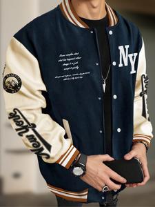 Chamarra de estilo universitario para hombre con gráficos de letras y bloques de color, manga larga, estilo urbano Y2k, chamarra de béisbol, sudadera no incluida