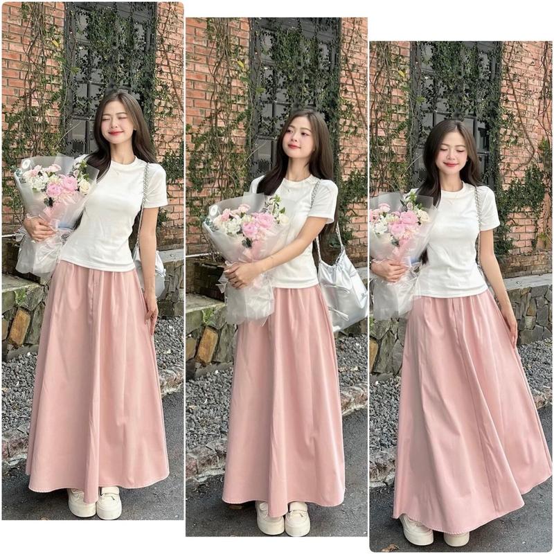 Sét Váy Nàng Thơ Gồm Áo Babytee Màu Trắng+ Chân Váy Dáng Dài Chất Thô Nữ