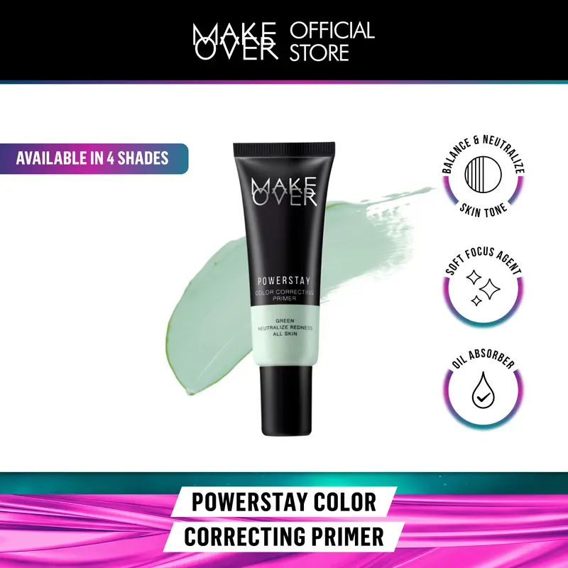 MAKE OVER POWERSTAY Color Correcting Primer - Primer menetralkan warna wajah mencerahkan menghilangkan kemerahan tahan lama hasil matte cocok sebelum makeup hijau ungu oranye kuning 0