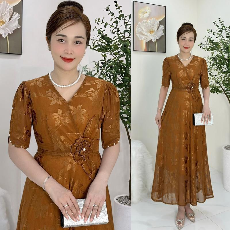 Đầm Trung Niên Dáng Dài M562 Vải thun lưới Hàn 2 lớp mát mịn Size Từ 50-70kg Dress Váy Nữ Đỏ Voan Women Dài Tay Màu Đỏ Màu Nâu