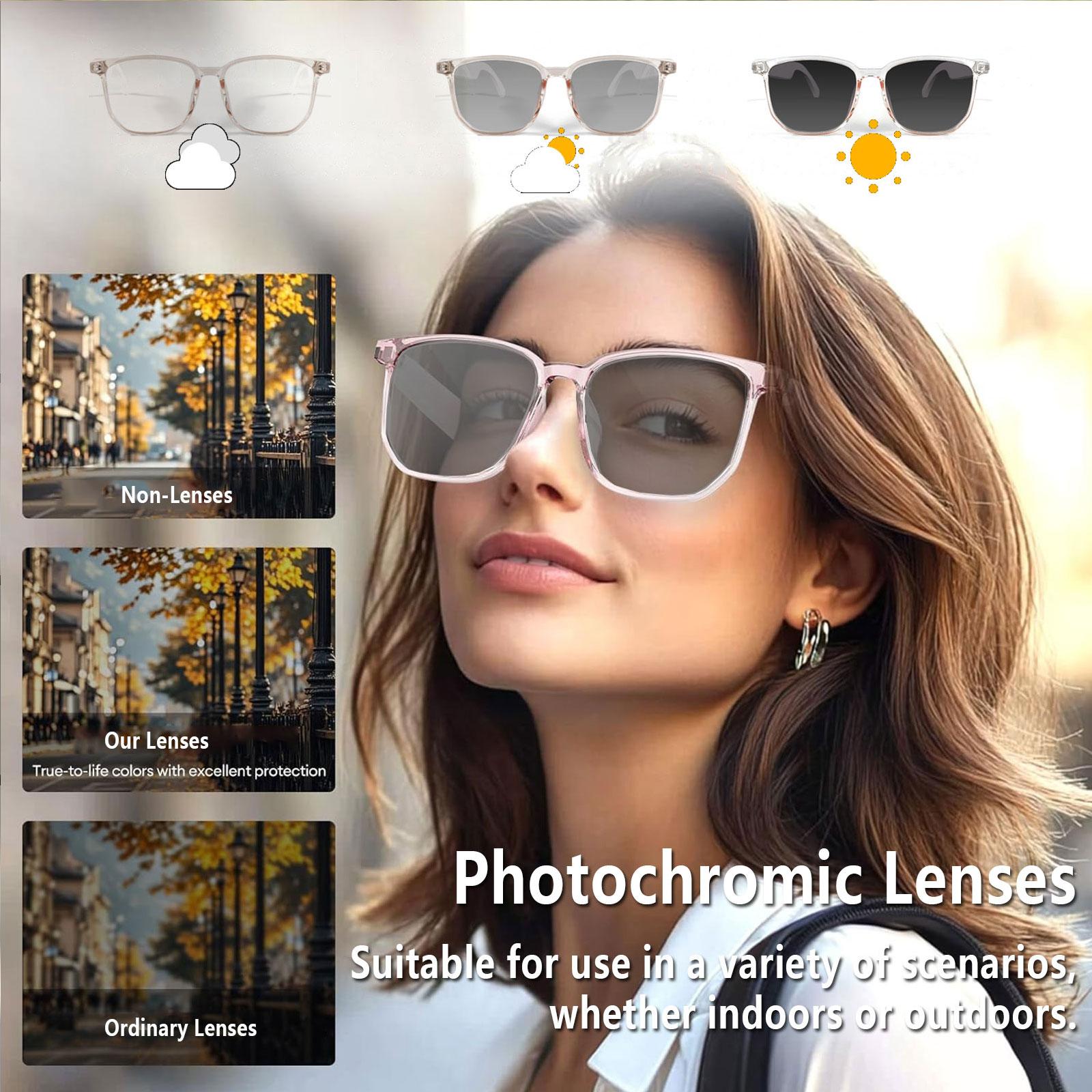 Smart AI translation audio glasses, real-time app translation in over 160 languages, light-sensitive color-changing lenses