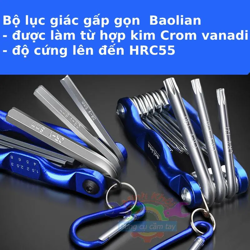 bộ lục giác gấp gọn 8 trong 1, có 2 loại đầu bi và đầu bông, được làm từ hợp kim Crom vanadi siêu cứng,đến từ thương hiệu Baolian ,có móc khoá giúp dể dàng mang theo khi làm việc