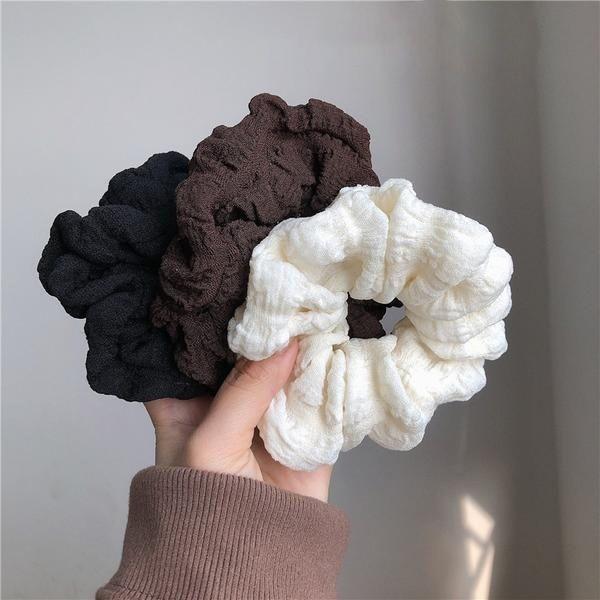 Dây buộc tóc scrunchies  cột tóc Dây Buộc Tóc Màu Kem Cỡ Lớn Thiết Kế Xếp Ly Đơn Giản Thời Trang