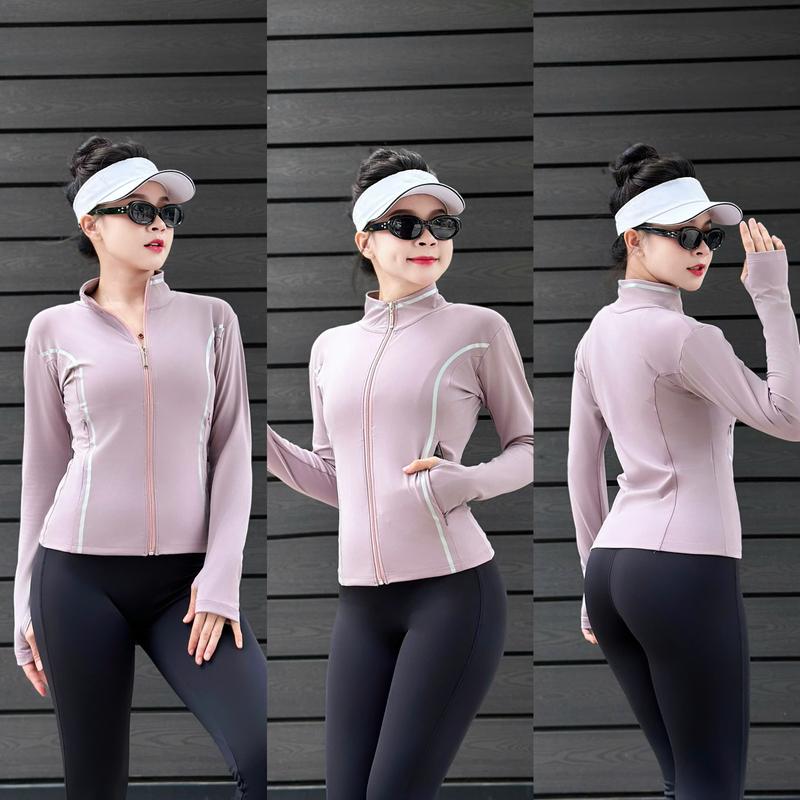 Áo khoác thể thao Y16 NỮ chất liệu poly 2 da co dãn 4 chiều có 2 túi kéo ngoài, 2 túi trong, tay dài sỏ ngón chống nắng . họa tiết in cổ 2 bên sườn tạo điểm nhấn GYM YOGA chạy bộ 4
