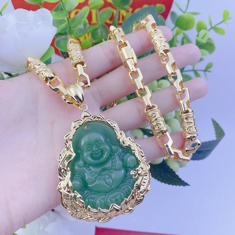 Bộ dây chuyền nam mặt di lạc mầu xanh ngọc dây rồng khoá hộp có ký hiệu bền đẹp - Trang sức bảo long