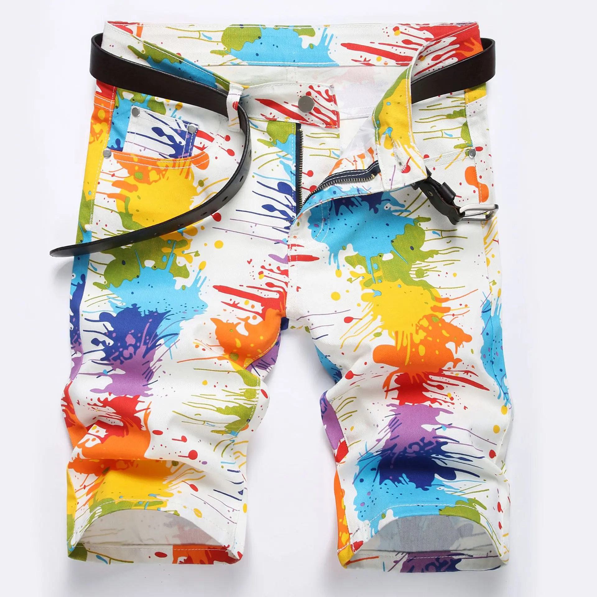 Original European and American Style Digital Printed Candy-colored Stretch Denim Capri Pants